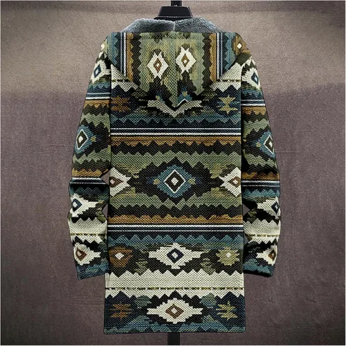 Vista 3 de Chaqueta de forro polar con capucha para hombre, con estampado azteca, de algodón pesado, con cremallera, manga larga, chaqueta con capucha