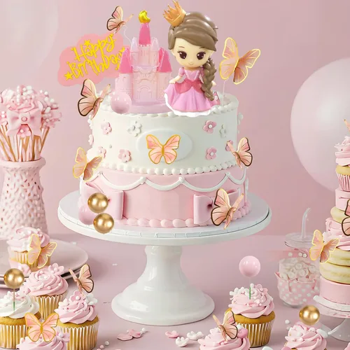 Vista 2 de Decoración de pastel de princesa, decoración de pastel de castillo de princesa rosa, bolas de mariposa, pasteles de feliz cumpleaños, decoración