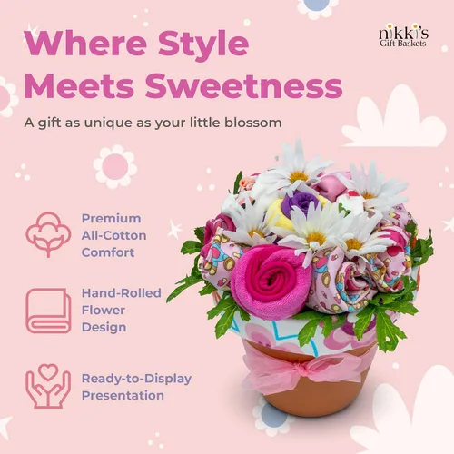 Vista 3 de Ramo de flores de ropa para bebé niña Set de regalo para bebé recién nacida Cesta de regalo para futuras mamás y revelaciones de género Set