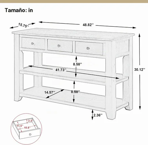 Vista 2 de Mesa consola de entrada de madera de granja de 48 pulgadas, moderna mesa de entrada con cajones y estantes de almacenamiento para entrada y sala