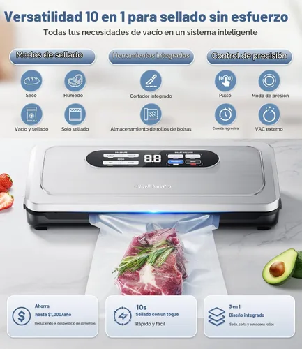 Vista 3 de Máquina selladora al vacío con sistema AirLock ProSeal, sellador al vacío 10 en 1 para alimentos, modos de sellado húmedo/seco, diseño compacto