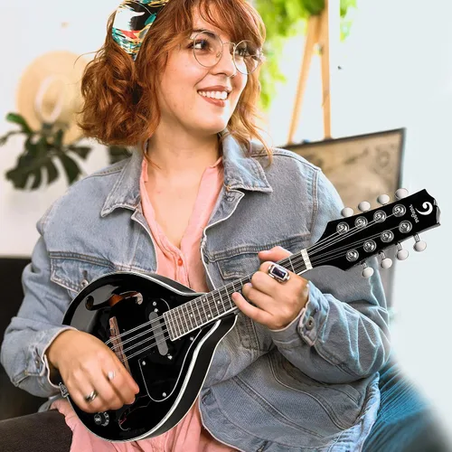 Vista 2 de Vangoa Instrumento de Mandolina de Caoba Eléctrico Acústico Estilo A, Mandolina Musical para Principiantes, Adultos, Adolescentes, Niños, Negro