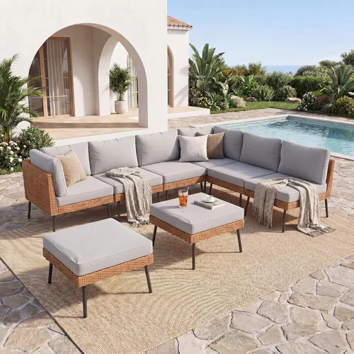 Vista 10 de Aoxun Juego de muebles de patio de 7 piezas con mesa auxiliar, color beige Muebles de mimbre para exteriores con cojines gruesos resistentes al
