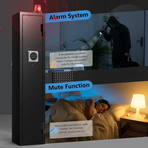 Vista 4 de Marcree Caja fuerte para armas 1-2, gabinete de armas para rifles y pistolas con sistema de alarma, acceso rápido de 180°, caja fuerte digital