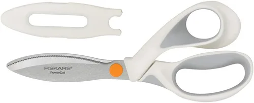Vista 2 de Fiskars SoftGrip PowerCut Tijeras de tela y medios mixtos, tijeras resistentes de 8 pulgadas para tela, cartón, corcho, metal decorativo y corte