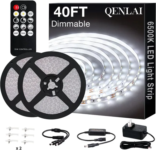 Vista 11 de Tira de luces LED blancas de 20 pies con control remoto, tira de luz LED regulable de 6500 K de 12 V, 360 luces LED flexibles para dormitorio