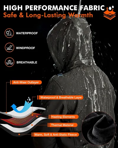 Vista 3 de ARRIS Chaqueta térmica para mujer, impermeable, con batería de 7,4 V y capucha desmontable, 8 zonas de calefacción