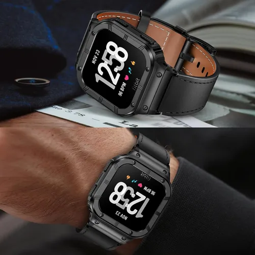 Vista 6 de BAITEYOU Leather Bands with Stainless Steel Case Compatible with Fitbit Versa 1 2 3 4 Lite Sense 2 1 Protective case for men
