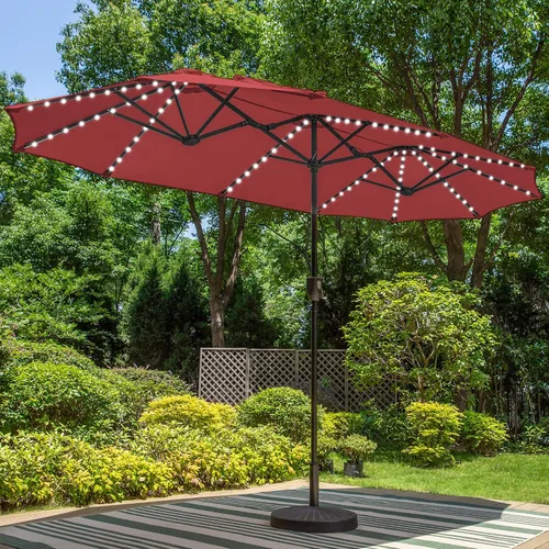 Vista 10 de PHI VILLA - Sombrilla para patio de 13 pies con luces LED de 120 piezas con alimentación solar que cambian de color, sombrilla grande de triple Beige