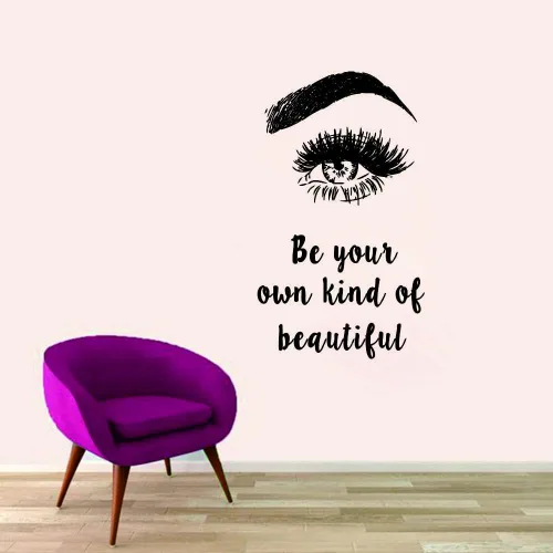 Vista 7 de Calcomanía de pared de pestañas y maquillaje, con texto en inglés «Be Your Own Kind of Beautiful Quote», adhesivo de vinilo extraíble para salón