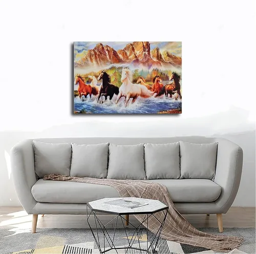 Vista 4 de Pintura al óleo de siete caballos caminando por el río, arte de pared, impresiones de animales sobre lienzo, póster para decoración de pared