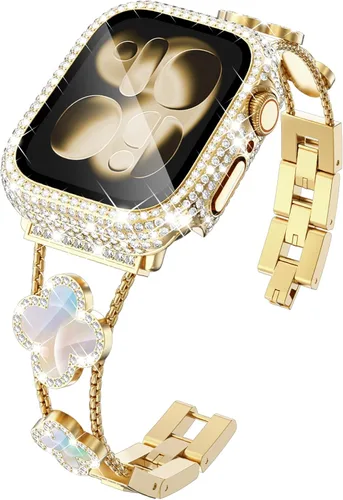 Vista 11 de KADES Bling Four-Leaf Clover Band for Apple Watch Bands Women's Wear Starlight/Iridescent