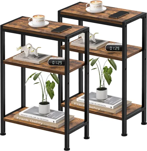 Vista 11 de Mesa auxiliar estrecha para espacios pequeños, mesa auxiliar delgada de 2 niveles, mesita de noche delgada, mesa de sofá delgada para aperitivos