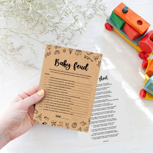 Vista 2 de GardenCity 50 tarjetas de juego de peleas familiares para baby shower, divertidos juegos de baby shower para niños o niñas, género neutro, papel