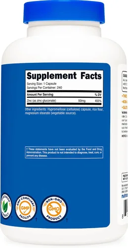 Vista 5 de Nutricost Gluconato de zinc 240 cápsulas vegetales (50 mg) (2 botellas) - Sin gluten y sin OMG
