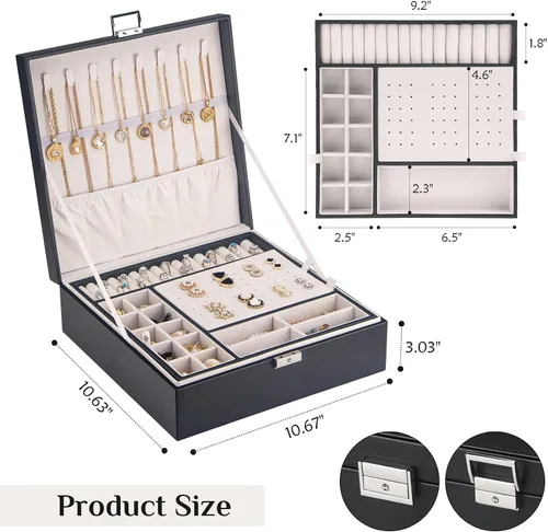 Vista 4 de Joyero con cerradura cajas de joyería grandes para mujeres y niñas regalo ideal organizador de joyas de doble capa joyero para almacenar aretes