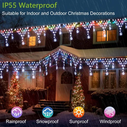 Vista 3 de Luces para decoración al aire libre de Navidad de 13.8 pies, 200 luces LED con 12 estrellas, cortina de luces de hadas regulables con 8 modos