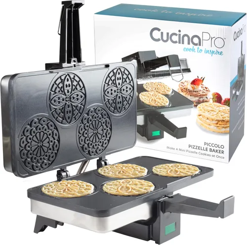Vista 2 de Piccolo pizzelle Baker by Cucina Pro – 100% antiadherente, hace 4 mini pizzas a la vez Even Heating Plates, Fun Baking Machine with Recipe Guide