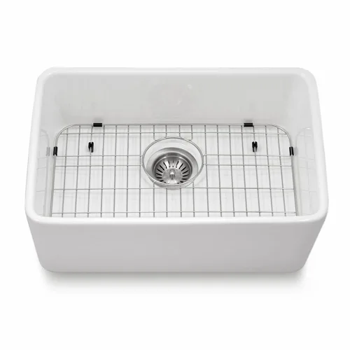Vista 2 de Houzer Platus Fregadero de cocina de arcilla refractaria blanca: fregadero de un solo tazón de 24 pulgadas con colador y rejilla, duradero