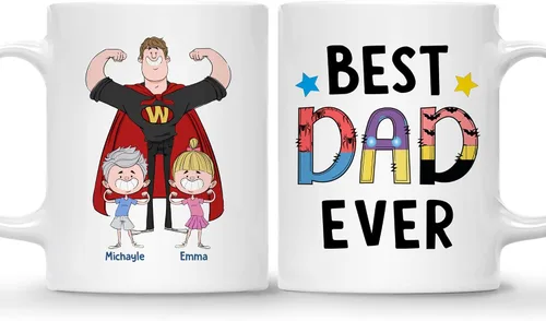 Vista 10 de Gossby Taza personalizada de café para papá, el mejor papá (2 niños en el hombro de papá), regalo personalizado de 11 onzas y 15 onzas para papá, 2
