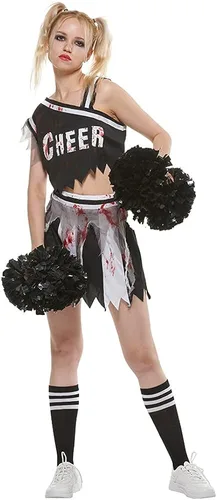 Vista 3 de EraSpooky Disfraz de animadora zombi para mujer vestido sangriento de Halloween
