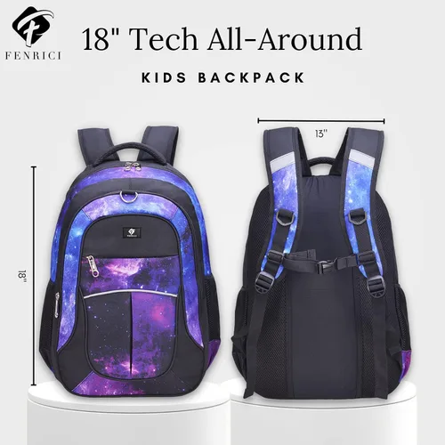Vista 2 de Fenrici - Mochila para niños y niñas de 18 pulgadas, resistente con 10 compartimentos