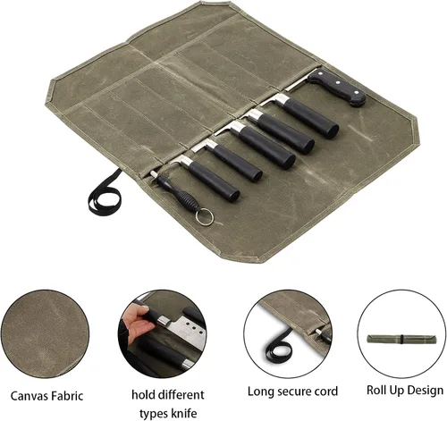 Vista 3 de Rollo de cuchillo, bolsa de rollo de cuchillo de chef, estuche de lona encerada para cuchillos con 7 ranuras, envoltura portátil para cuchillos