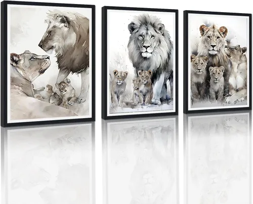 Vista 34 de 3 piezas modernas de lienzo de león de animales salvajes, pinturas de retratos de familia de leones, decoración de pared, obras de arte de sala