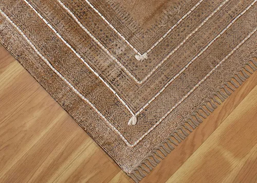 Vista 9 de Kilim Alfombra de Área 2x3 pies, color marrón bronce, diseño abstracto, estampado a mano en bloque, algodón Dhurrie, lavado a mano en superficie