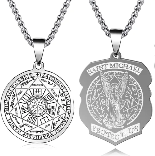 Vista 14 de Collar con colgante de siete arcángeles para hombres y mujeres, amuleto de protección, collar con dije de moneda de Arcángel Miguel Gabriel Uriel 1.