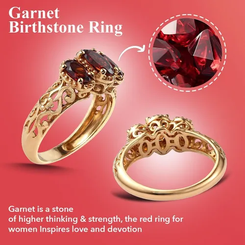Vista 4 de 3 Stone Garnet Ring for Women in 925 Sterling Silver With 14K Gold Plating - January Birthstone Promise Engagement Vintage Red Garnet Jewelry