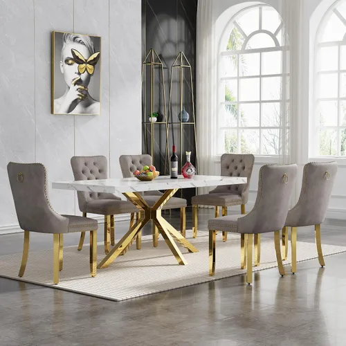 Vista 54 de HomVent - Juego de mesa de comedor de mármol sintético de 68 pulgadas con 4 sillas de terciopelo para cocina Modern Rectangular Faux Marble