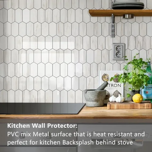 Vista 2 de Vamos Tile - Azulejo de salpicaduras de pelar y pegar hexagonal largo para cocina y baño - 1 hoja de adhesivo para salpicaduras en la pared de 12.4