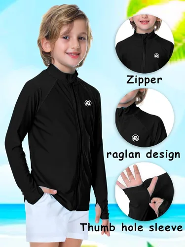 Vista 2 de AOBUTE Camiseta unisex con cremallera para niños, protección UV UPF 50+, con agujero para el pulgar, de 3 a 12 años