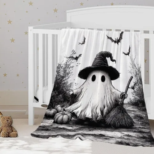 Vista 23 de YeeJu Manta de Halloween pequeña de fantasma espeluznante negro, manta de Halloween para bebé, manta acogedora suave y ligera de felpa de forro