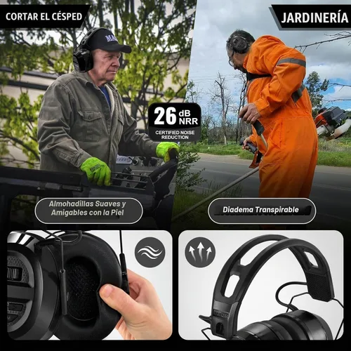 Vista 5 de PROHEAR 039 Bluetooth 6.0 Hi-Fi Hearing Protection Earmuffs 26dB NRR OSHA Approved, Rechargeable Battery, 4 Weeks Runtime, Noise Reduction for