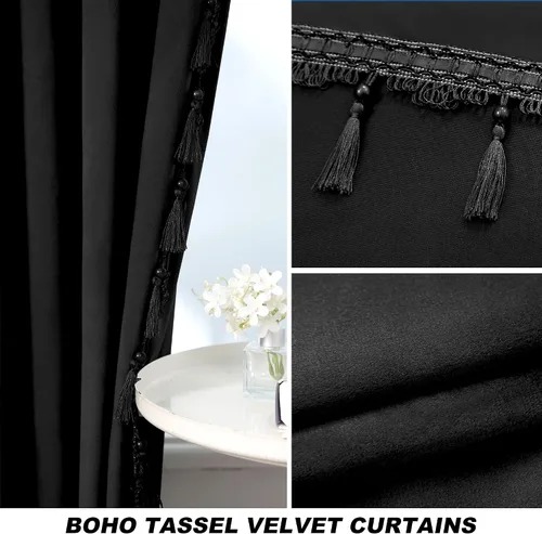 Vista 4 de Fazhesici Cortinas opacas de terciopelo negro de 63 pulgadas de largo para ventanas, cortinas con bolsillo para barra con borlas, cortinas térmicas