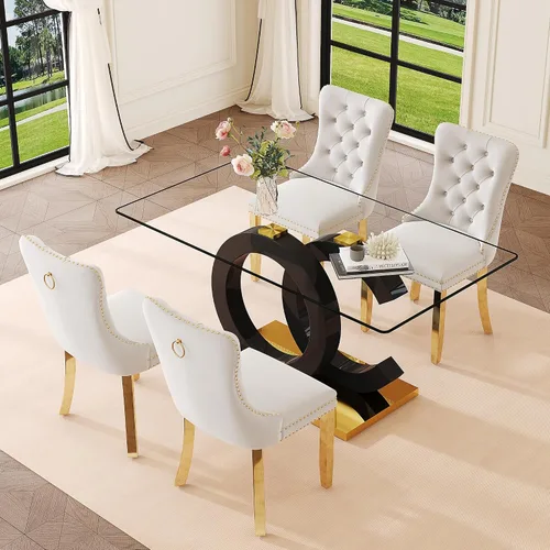 Vista 7 de Ebullient 63" Modern Glass Dining Table Set for 4, Black & Gold 5-Piece Set Glass Table & Beige Chairs