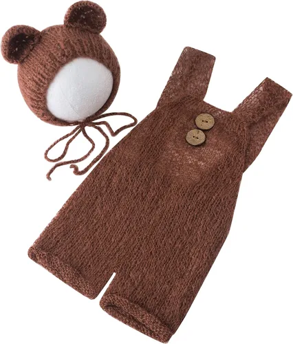 Vista 3 de Vemonllas Accesorios de fotografía para recién nacidos trajes para niños y niñas gorro de oso mohair y con pantalones de tirantes accesorios