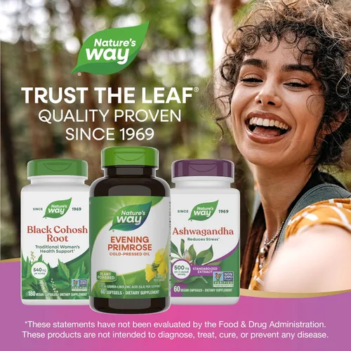 Vista 7 de Nature's Way Aceite de onagra, fuerza máxima, prensado en frío, sin refinar, 1300 mg con 120 mg de GLA por porción, 60 cápsulas blandas