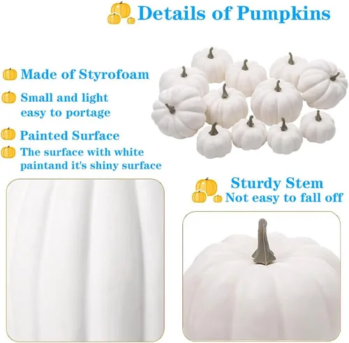 Vista 4 de WESAPPINC Calabazas artificiales, 12 piezas de calabazas falsas blancas, calabazas surtidas, grandes calabazas de imitación de cosecha