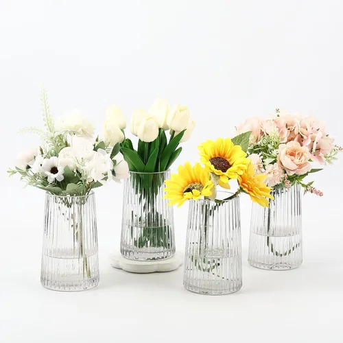 Vista 19 de Jarrón de vidrio ámbar para flores, florero para ramo, jarrones de vidrio modernos, jarrones acanalados para sala de estar, dormitorio, mesa