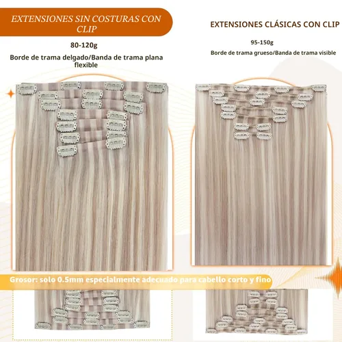 Vista 5 de Full Shine Extensiones de Cabello Rubio con Clip Reflejos Cabello Humano Extensiones con Clip Rubio Ceniza Mezcla Rubio Decolorado PU Extensiones