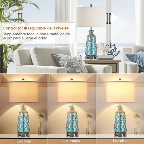 Vista 2 de Ruzectt Lámparas de mesa de cristal costero, lámparas de noche regulables de 3 vías con control táctil con 2 puertos USB y salida de CA, lámparas