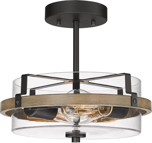 Vista 8 de EAPUDUN FMA1443-FBDT - Lámpara de techo de madera empotrada con pantalla de vidrio transparente, lámpara de techo retro de 2 luces para pasillo