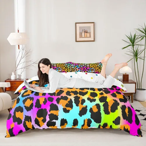 Vista 4 de Feelyou Juego de ropa de cama con estampado de leopardo para niñas, niños y mujeres, funda de edredón de piel de leopardo arcoíris neón, funda