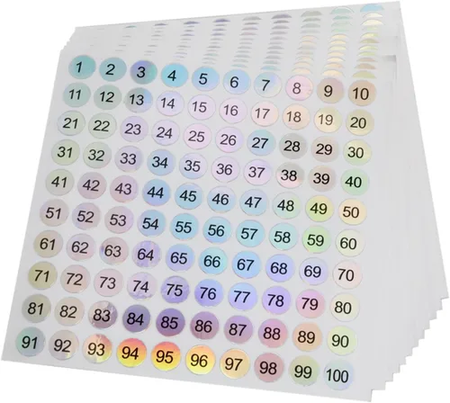Vista 4 de 1 a 100 calcomanías reflectantes láser pequeñas redondas con números consecutivos, autoadhesivas, para almacenamiento de inventario, etiquetas