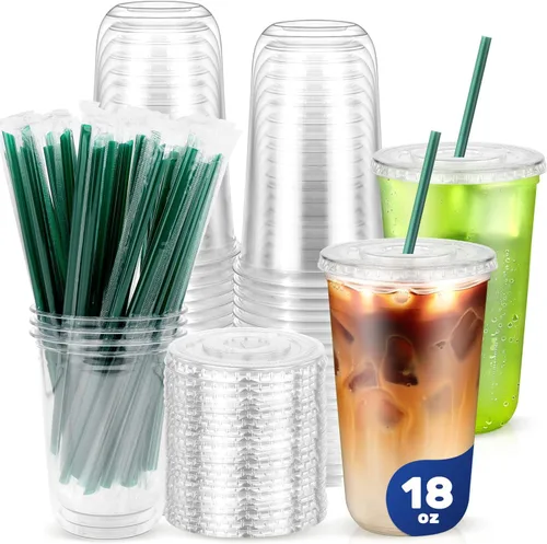 Vista 16 de 50PCS 14 oz Clear Plastic Cups with Lids and Dark Green Straws Transparente