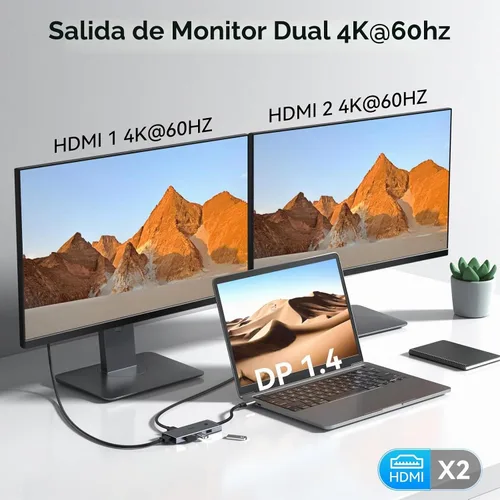 Vista 3 de HODO Docking Station to Dual HDMI Monitors USB C to Dual HDMI Adapter 4K Gris