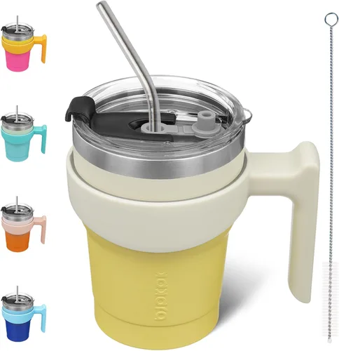 Vista 62 de BJPKPK Mini vaso de 10 onzas con tapa, popote y asa, taza de acero aislada